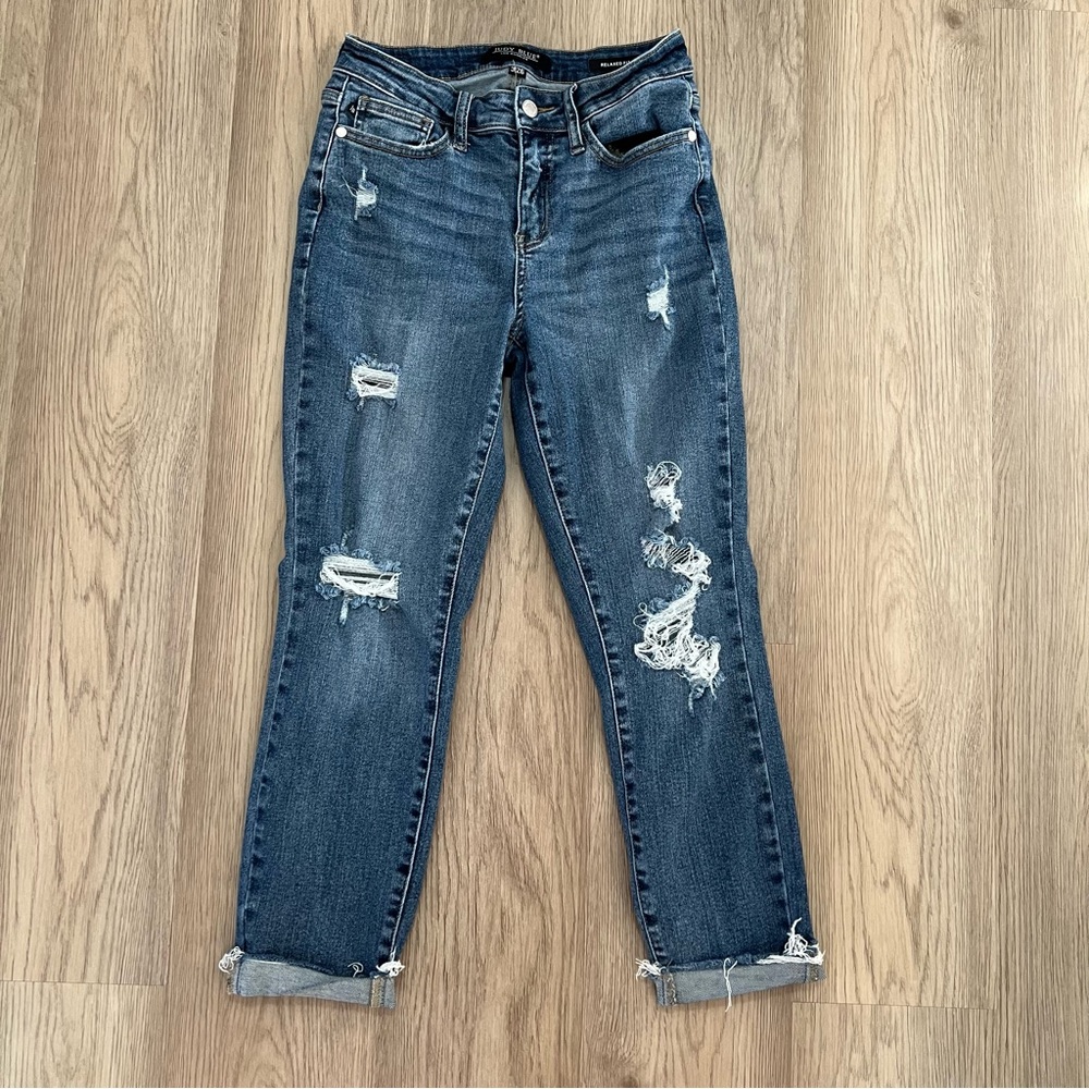 Judy Blue Dark Wash Distressed Relaxed Fit Jeans Size 3/26 Style JB88135 - Picture 2 of 13